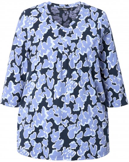 Ulla Popken Floral Print 3/4 Sleeve V-Neck Tee Navy Blue - Mintás pólók nőknek - 