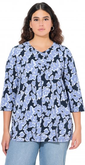Ulla Popken Floral Print 3/4 Sleeve V-Neck Tee Navy Blue - Mintás pólók nőknek - 