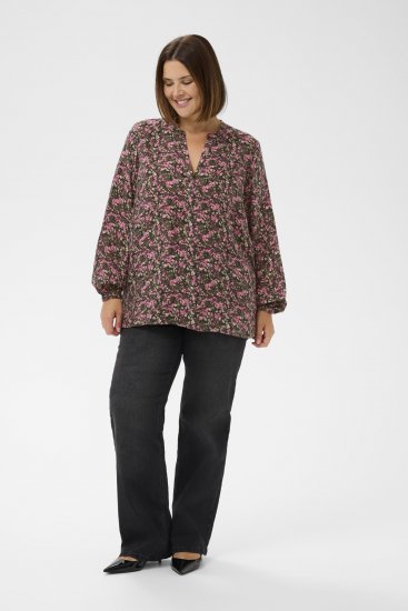 Kaffe Curve Belle Blouse Pink Black Graphic Flower - Blúzok - 