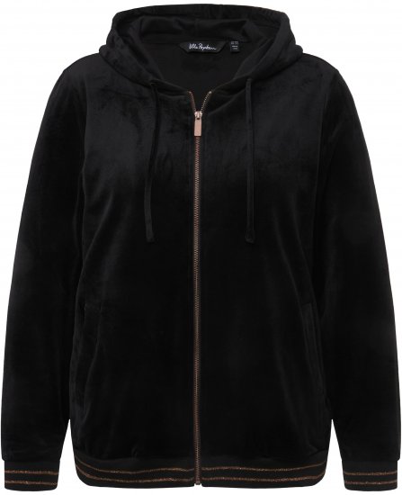 Ulla Popken Tulip Line Print Velour Zip Hoodie Black - Bluzy & bluzy z kapturem - 