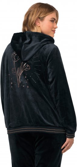 Ulla Popken Tulip Line Print Velour Zip Hoodie Black - Bluzy & bluzy z kapturem - 