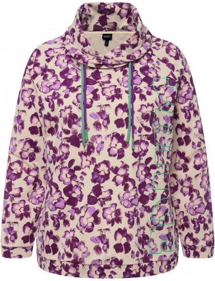 Ulla Popken Floral Print Drawstring Collar Hoodie Vanilla - Bluzy & bluzy z kapturem - 
