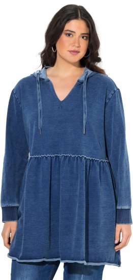 Ulla Popken Indigo Dyed Flounce Panel Hoodie Blue - Bluzy & bluzy z kapturem - 