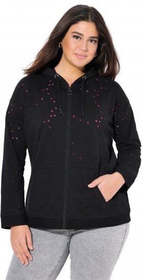 Ulla Popken Eyelet Embroidered Zip-Up Hoodie Black - Bluzy & bluzy z kapturem - 