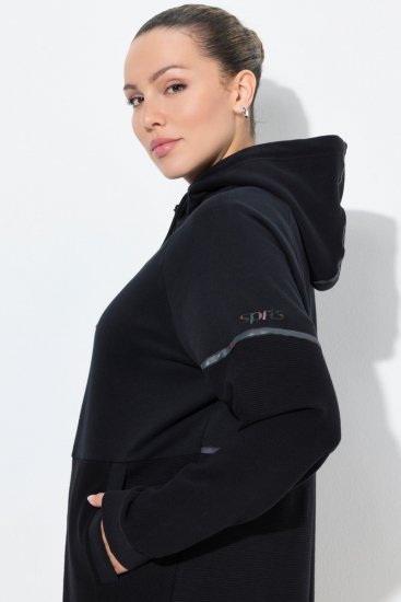 Ulla Popken Mix Fabric Reflective Trim Zip Hoodie Black - Bluzy & bluzy z kapturem - Kényelmes pulóverek és kapucnisok
