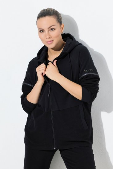 Ulla Popken Mix Fabric Reflective Trim Zip Hoodie Black - Bluzy & bluzy z kapturem - Kényelmes pulóverek és kapucnisok