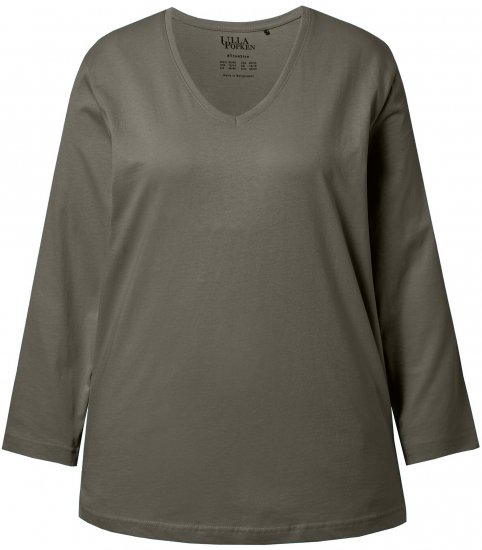 Ulla Popken Back To Basics V-Neck Relaxed Fit Cotton Tee Olive - Pólók - 