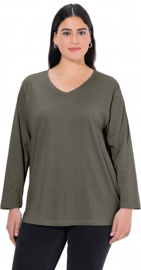 Ulla Popken Back To Basics V-Neck Relaxed Fit Cotton Tee Olive - Pólók - 
