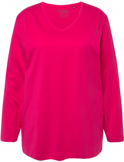 Ulla Popken Back To Basics V-Neck Relaxed Fit Cotton Tee Magenta Pink - Pólók - 