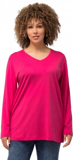Ulla Popken Back To Basics V-Neck Relaxed Fit Cotton Tee Magenta Pink - Pólók - 