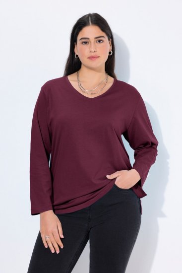 Ulla Popken Back To Basics V-Neck Relaxed Fit Cotton Tee Dark Berry - Pólók - Női pólók