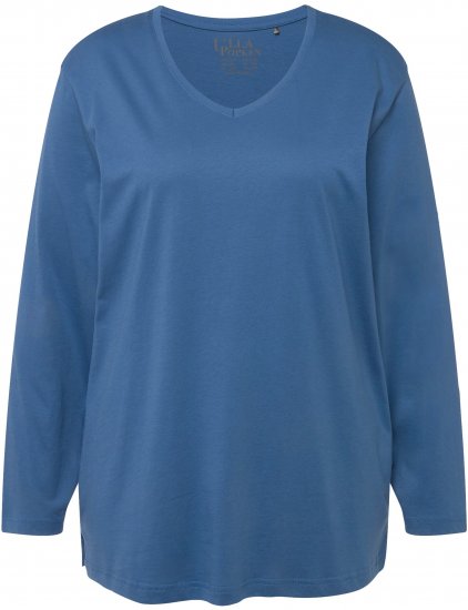 Ulla Popken Back To Basics V-Neck Relaxed Fit Cotton Tee Denim Blue - Pólók - 