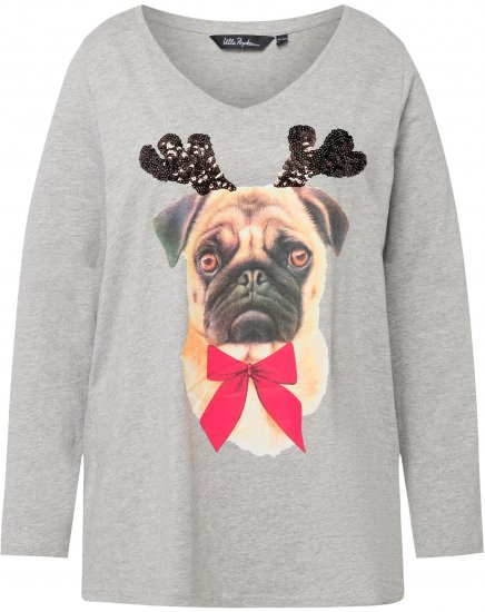 Ulla Popken Holiday Pup Sequin Accent A-line Fit Tee Light Grey Melange - Mintás pólók nőknek - 