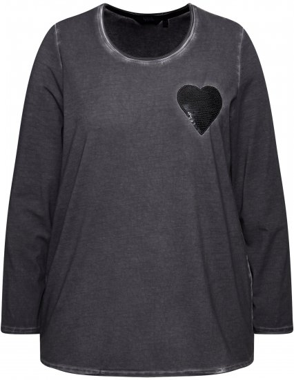 Ulla Popken Cold Dyed Sequined Heart Long Sleeve Tee Asphalt - Mintás pólók nőknek - 