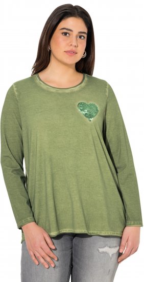 Ulla Popken Cold Dyed Sequined Heart Long Sleeve Tee Sage Green - Mintás pólók nőknek - 