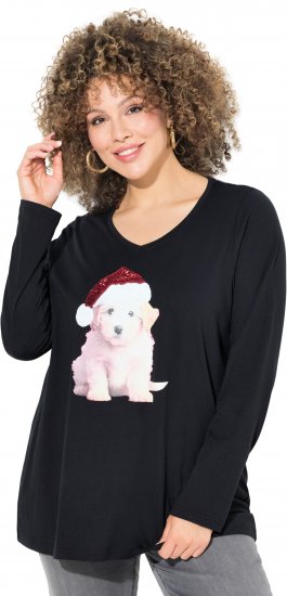Ulla Popken Puppy Graphic Christmas Long Sleeve T-Shirt Black - Pólók - 