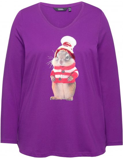 Ulla Popken Christmas Squirrel Long Sleeve Graphic Tee Dark Purple - Mintás pólók nőknek - 