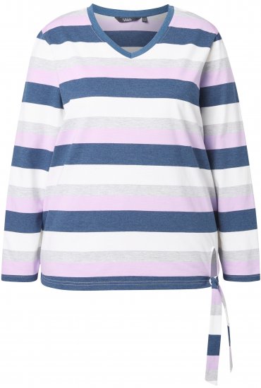 Ulla Popken Striped Knotted Hem Long Sleeve Tee Lavender - Mintás pólók nőknek - 