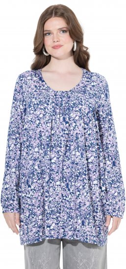 Ulla Popken Allover Printed Pleated Long Sleeve Tee Dark Blue - Mintás pólók nőknek - 