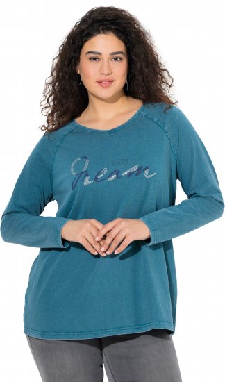 Ulla Popken Dream Rhinestone Lettering Long Sleeve Tee Teal - Mintás pólók nőknek - 