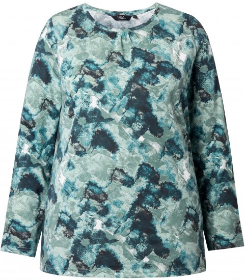 Ulla Popken Abstract Print Long Sleeve Tee Teal Green - Mintás pólók nőknek - 
