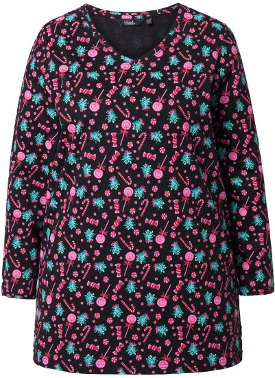 Ulla Popken Peppermint Tree V-Neck Holiday Cotton Long Sleeve Knit Tunic Black - Mintás pólók nőknek - 