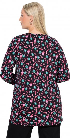 Ulla Popken Peppermint Tree V-Neck Holiday Cotton Long Sleeve Knit Tunic Black - Mintás pólók nőknek - 