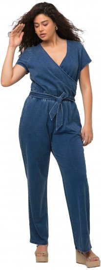 Ulla Popken Wrap Look Short Sleeve Denim Jumpsuit Blue - Női Farmer & Nadrágok Nagy Méretekben – Plus Size - 