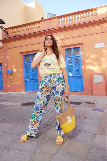 Ulla Popken Italy Print Elastic Waist Pants White - Női Farmer & Nadrágok Nagy Méretekben – Plus Size - 