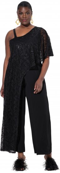 Ulla Popken Asymmetric Lace Panel Jumpsuit Black - Női Farmer & Nadrágok Nagy Méretekben – Plus Size - 