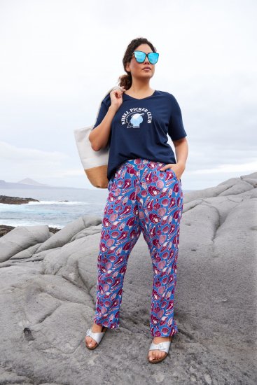 Ulla Popken Seashell Print Elastic Waist Pants Blue - Női Farmer & Nadrágok Nagy Méretekben – Plus Size - 