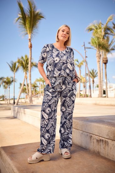 Ulla Popken Feather Print Elastic Waist Pants Blue - Női Farmer & Nadrágok Nagy Méretekben – Plus Size - 