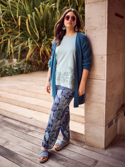 Ulla Popken Patchwork Paisley Elastic Waist Pants Blue - Női Farmer & Nadrágok Nagy Méretekben – Plus Size - 