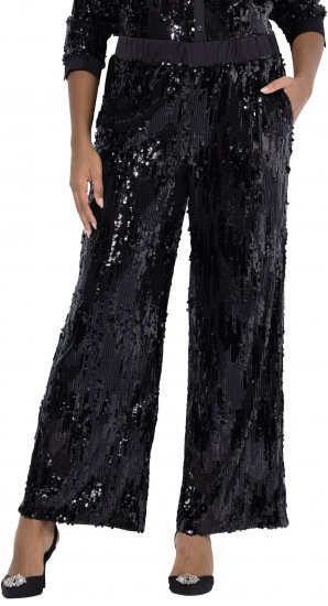 Ulla Popken Sequined Elastic Waist Pants Black - Női Farmer & Nadrágok Nagy Méretekben – Plus Size - 