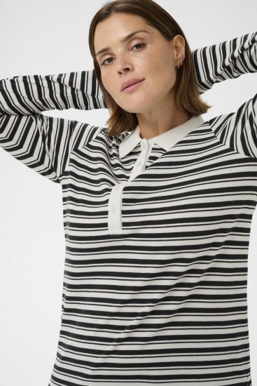 Kaffe Curve Miana Long Sleeve Polo Chalk with Black Stripe - Galléros pólók - 
