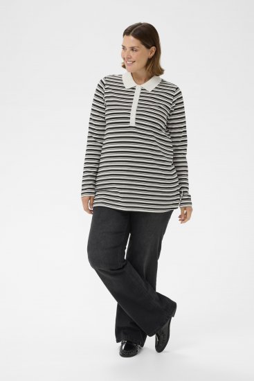 Kaffe Curve Miana Long Sleeve Polo Chalk with Black Stripe - Galléros pólók - 