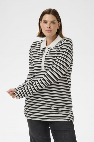 Kaffe Curve Miana Long Sleeve Polo Chalk with Black Stripe - Galléros pólók - 