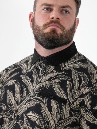 D555 Palmer Leaf Printed Jacquard Collar & Cuff Chest Pocket Polo Black - Pólóingek - Galléros Pólók 2XL-8XL - Pólóingek 2XL-8XL