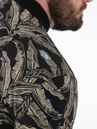 D555 Palmer Leaf Printed Jacquard Collar & Cuff Chest Pocket Polo Black - Pólóingek - Galléros Pólók 2XL-8XL - Pólóingek 2XL-8XL