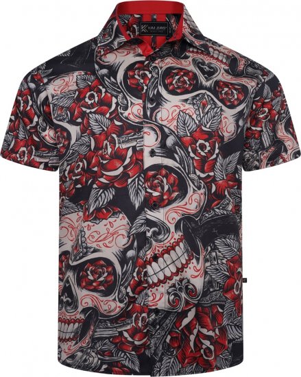 Kam Jeans 6062 Skull And Roses Print Short Sleeve Shirt Black - Ingek - Ingek 2XL-10XL