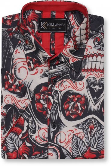 Kam Jeans 6062 Skull And Roses Print Short Sleeve Shirt Black - Ingek - Ingek 2XL-10XL