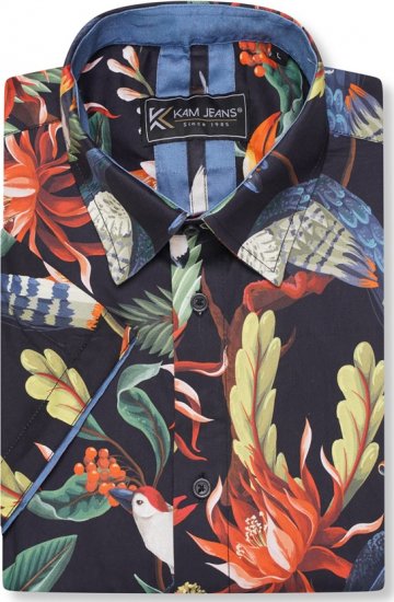Kam Jeans 6066 Bird Print Short Sleeve Shirt Navy - Ingek - Ingek 2XL-10XL