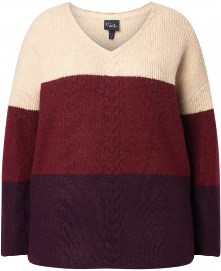 Ulla Popken Cable Knit Block Stripe V-Neck Sweater Dark Ruby - Bluzy & bluzy z kapturem - 