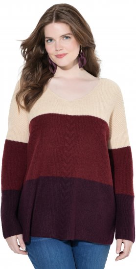 Ulla Popken Cable Knit Block Stripe V-Neck Sweater Dark Ruby - Bluzy & bluzy z kapturem - 