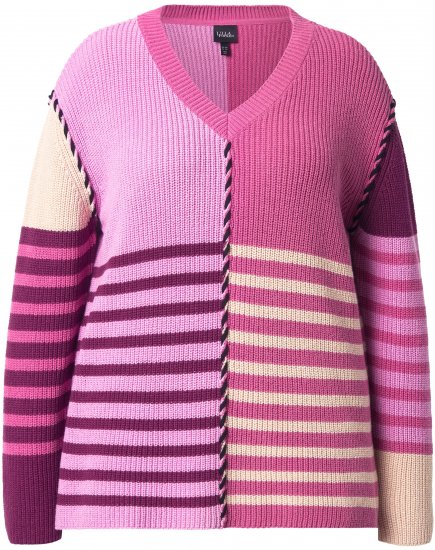 Ulla Popken Patchwork Striped Long Sleeve V-Neck Sweater Raspberry - Bluzy & bluzy z kapturem - 
