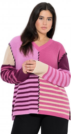 Ulla Popken Patchwork Striped Long Sleeve V-Neck Sweater Raspberry - Bluzy & bluzy z kapturem - 