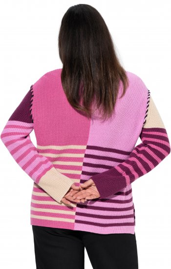 Ulla Popken Patchwork Striped Long Sleeve V-Neck Sweater Raspberry - Bluzy & bluzy z kapturem - 