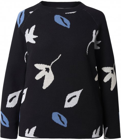 Ulla Popken Eco Cotton Leaf Pattern Long Sleeve Sweater Black - Bluzy & bluzy z kapturem - 