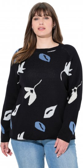 Ulla Popken Eco Cotton Leaf Pattern Long Sleeve Sweater Black - Bluzy & bluzy z kapturem - 