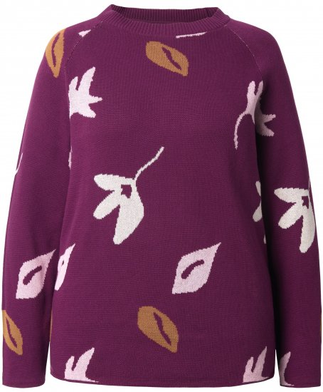 Ulla Popken Eco Cotton Leaf Pattern Long Sleeve Sweater Forest Berry - Bluzy & bluzy z kapturem - 